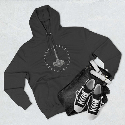 Mjolnir Thor's Hammer runic hoodie featuring Norse Viking mythology design.