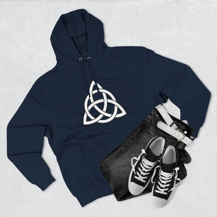 White Celtic Triquetra knot symbol on a dark blue pullover hoodie.