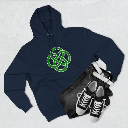 Green Celtic knotwork symbol on a navy blue unisex pullover hoodie.