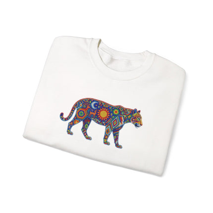 Colorful Huichol jaguar art sweatshirt featuring tribal indigenous animal patterns and vibrant designs.