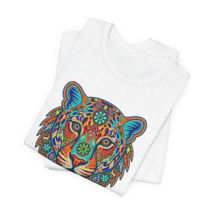 Vibrant tribal jaguar head graphic tee with colorful geometric spirit animal art.