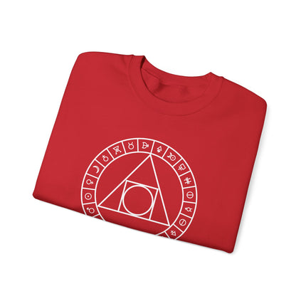 Philosopher's Stone alchemy symbols and sacred geometry design print on a pullover sweatshirt.