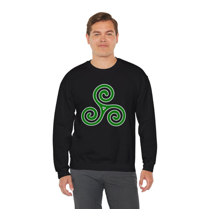 Green Celtic triskelion spiral knotwork design on a black pullover sweatshirt.
