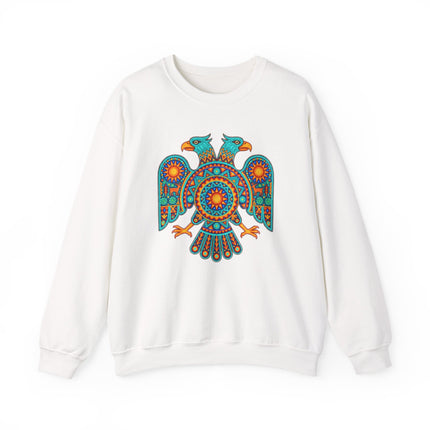 Vibrant two-headed eagle graphic sweatshirt featuring Mexican Huichol tribal art design.