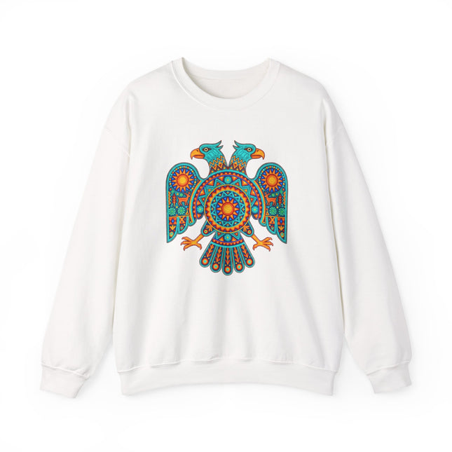 Vibrant two-headed eagle graphic sweatshirt featuring Mexican Huichol tribal art design.