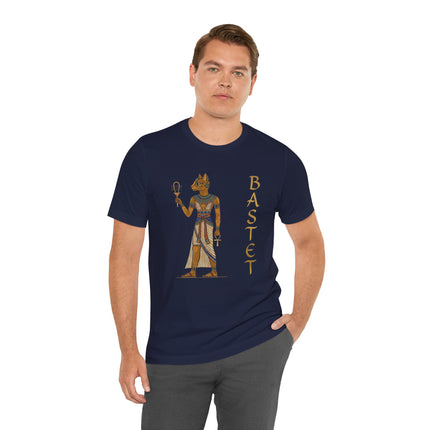 Bastet Egyptian goddess art on a t-shirt, featuring the cat goddess iconography and ancient symbols.
