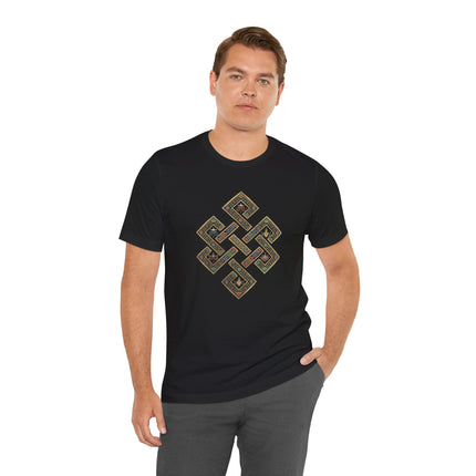 Black t-shirt featuring the intricate gold Tibetan Endless Knot Buddhist symbol print.
