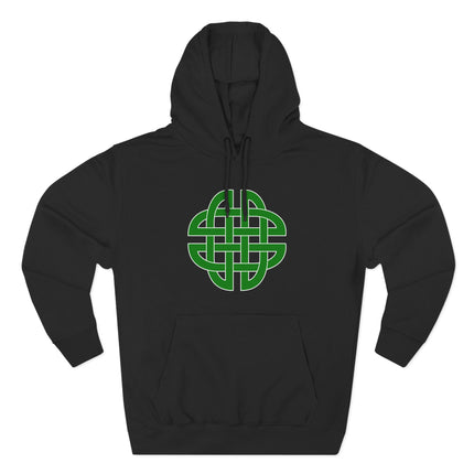Green Celtic knot symbol graphic on a black unisex hoodie.