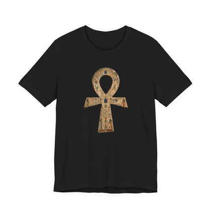 Black t-shirt featuring an ancient Egyptian Ankh symbol with detailed hieroglyphic art.