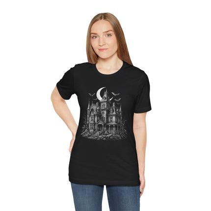 Spooky gothic mansion illustration featuring a crescent moon and bats.