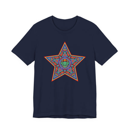 Colorful Huichol star graphic tee featuring geometric Mexican indigenous art design.