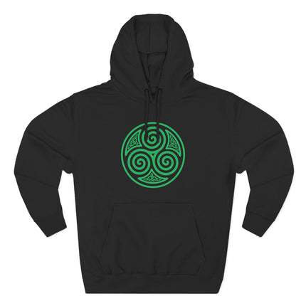 Celtic triskelion spiral design in green on a black pullover hoodie.