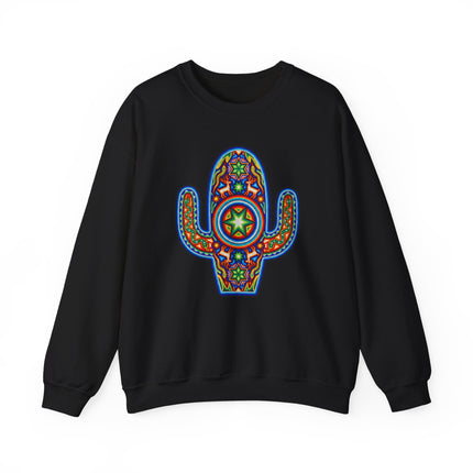 Vibrant Huichol art cactus graphic on black unisex sweatshirt.