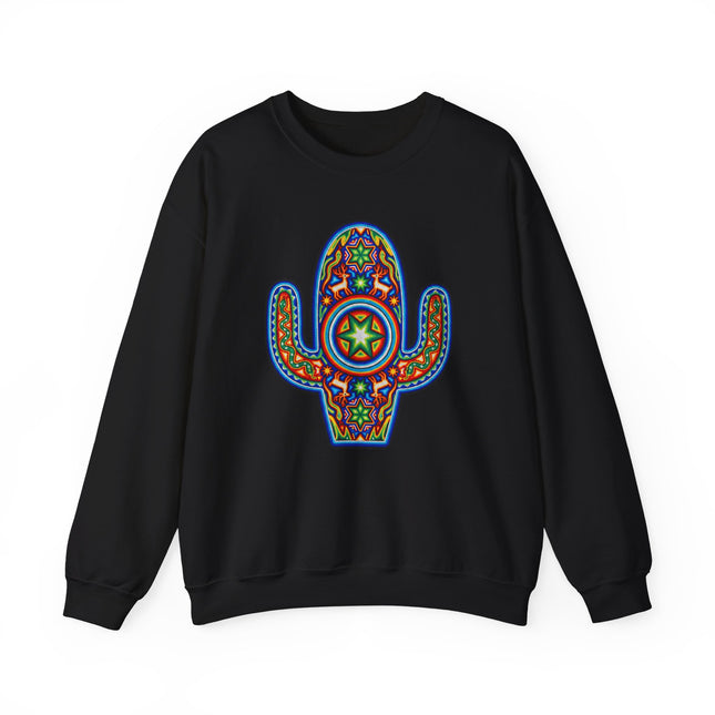 Vibrant Huichol art cactus graphic on black unisex sweatshirt.
