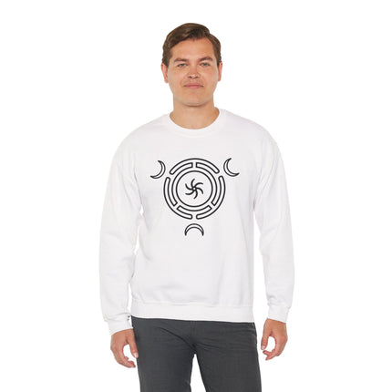White sweatshirt featuring the Hecate Triple Goddess Moon Wheel symbol graphic.