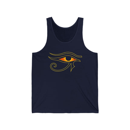 Golden Eye of Ra symbol graphic on a navy blue tank top, featuring ancient Egyptian mythology.