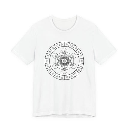 Metatron's Cube sacred geometry tee featuring astrology and alchemy symbols.