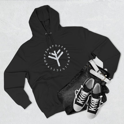 Norse Fehu rune and Elder Futhark alphabet graphic on black pullover hoodie.