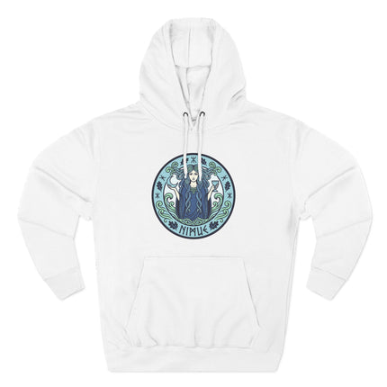 Mystical Nimue Lady of the Lake Celtic art graphic on a white pullover hoodie.