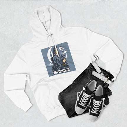 Tsukuyomi Japanese Moon God graphic on a hoodie, featuring samurai mythology and katana design.
