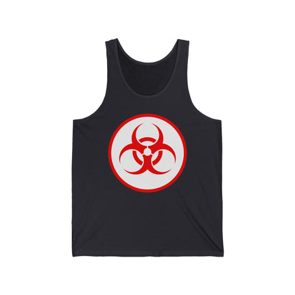 Black tank top featuring a bold red biohazard warning symbol graphic.