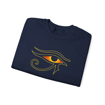 Ancient Egyptian Eye of Ra symbol graphic on pullover sweatshirt, featuring mythological design.