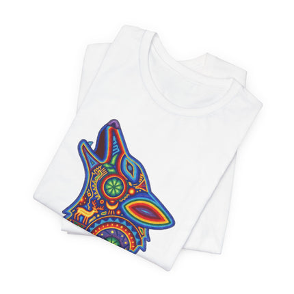 Vibrant Huichol-style howling wolf graphic tee, featuring Mexican folk art spirit animal design.