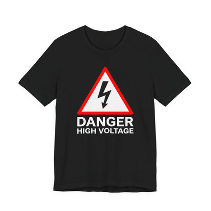 Danger High Voltage warning t-shirt with a red lightning bolt graphic.