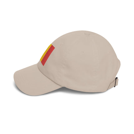 Tan baseball cap featuring the embroidered Belgian flag stripe.