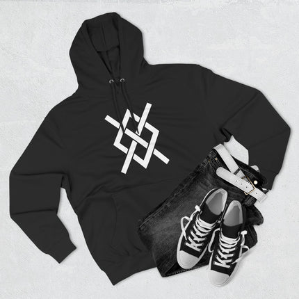 Black hoodie featuring the white Gungnir rune symbol. Norse mythology Viking graphic apparel.