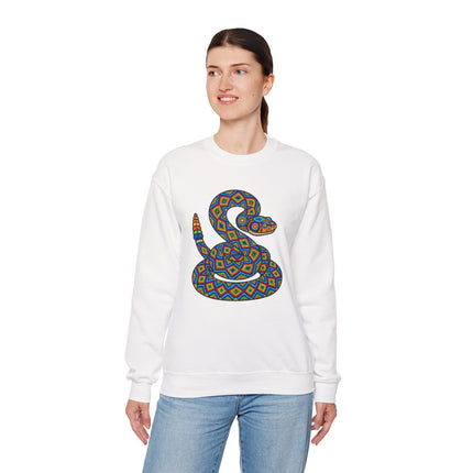 Colorful geometric rattlesnake graphic sweatshirt featuring Huichol tribal art pattern.