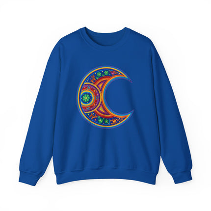 Vibrant Huichol-style crescent moon mandala graphic on a blue pullover sweatshirt.