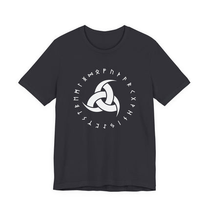 Black t-shirt featuring Odin's horns and a circle of Norse runes (Elder Futhark) graphic design.