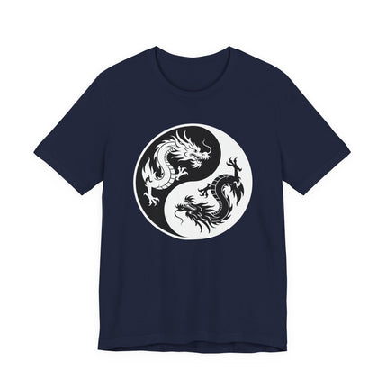 Chinese dragon Yin Yang graphic tee featuring opposing dragons symbolizing cosmic balance and duality.
