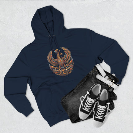 Mythical Shabaz Persian eagle graphic on a dark blue pullover hoodie.