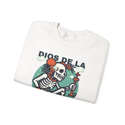 Dios de la Muerte Mayan God of Death graphic sweatshirt featuring a detailed skeleton print.