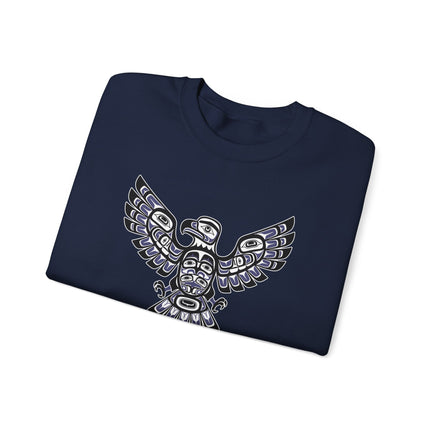 Indigenous eagle art graphic on a Pacific Northwest tribal style pullover sweatshirt.