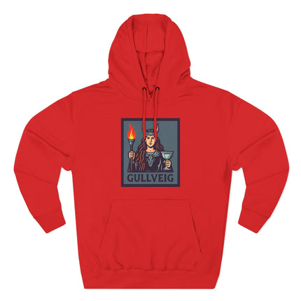 Gullveig Norse goddess art hoodie featuring a torch and chalice design.