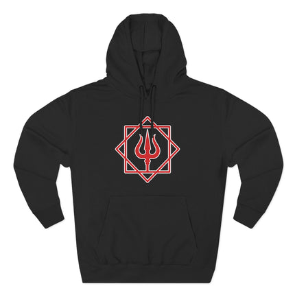 Black hoodie featuring a red geometric Trishula symbol of Shiva.