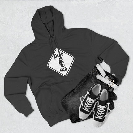 Black hoodie featuring a "Dead End" sign and Grim Reaper graphic. Gothic streetwear apparel.