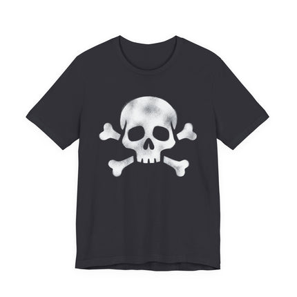 Distressed skull and crossbones graphic on a black pirate t-shirt.