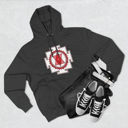 Sacred geometry Yantra design on a black spiritual pullover hoodie.