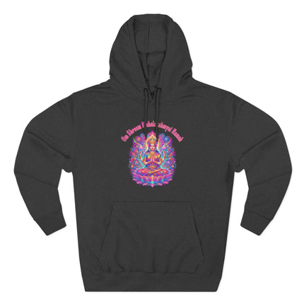 Om Shreem Mahalakshmyai Namah mantra art of Goddess Lakshmi on a black spiritual hoodie.