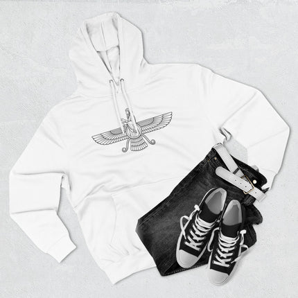 Faravahar Zoroastrian symbol graphic on a white pullover hoodie, representing Persian culture.