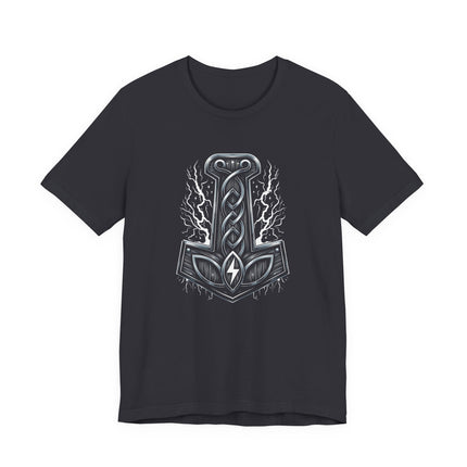Norse Mjolnir hammer graphic tee featuring Thor's lightning-infused Viking design.