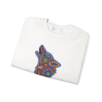 Colorful Huichol wolf tribal art graphic sweatshirt featuring Mexican folk design.