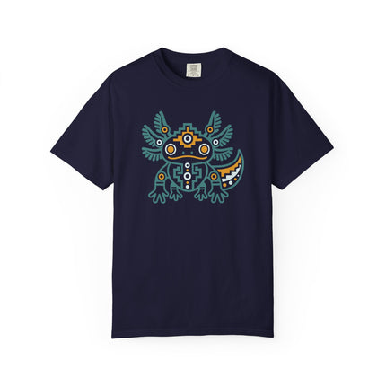 Aztec Axolotl T-Shirt | Geometric Salamander Design in Green and Gold Tee