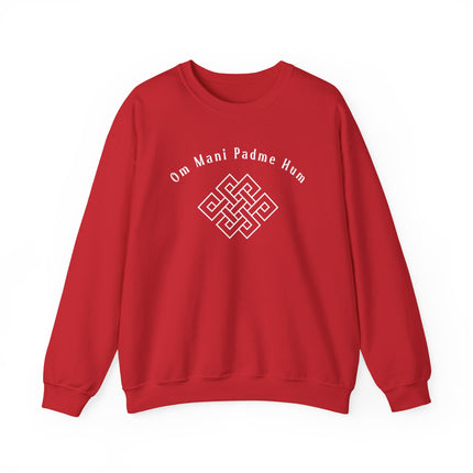 Red sweatshirt featuring the Om Mani Padme Hum mantra and the sacred Endless Knot symbol.