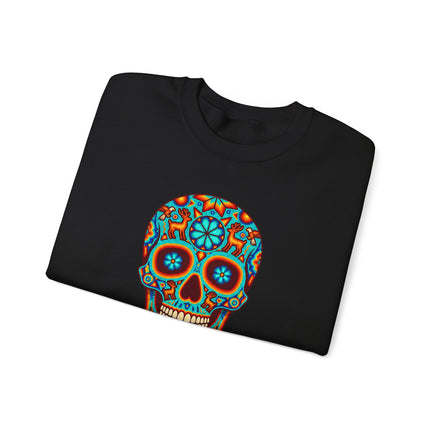 Vibrant Huichol skull design sweatshirt featuring colorful Mexican folk art patterns.