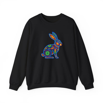 Colorful Huichol beaded rabbit folk art pattern on a Mexican pullover sweatshirt.